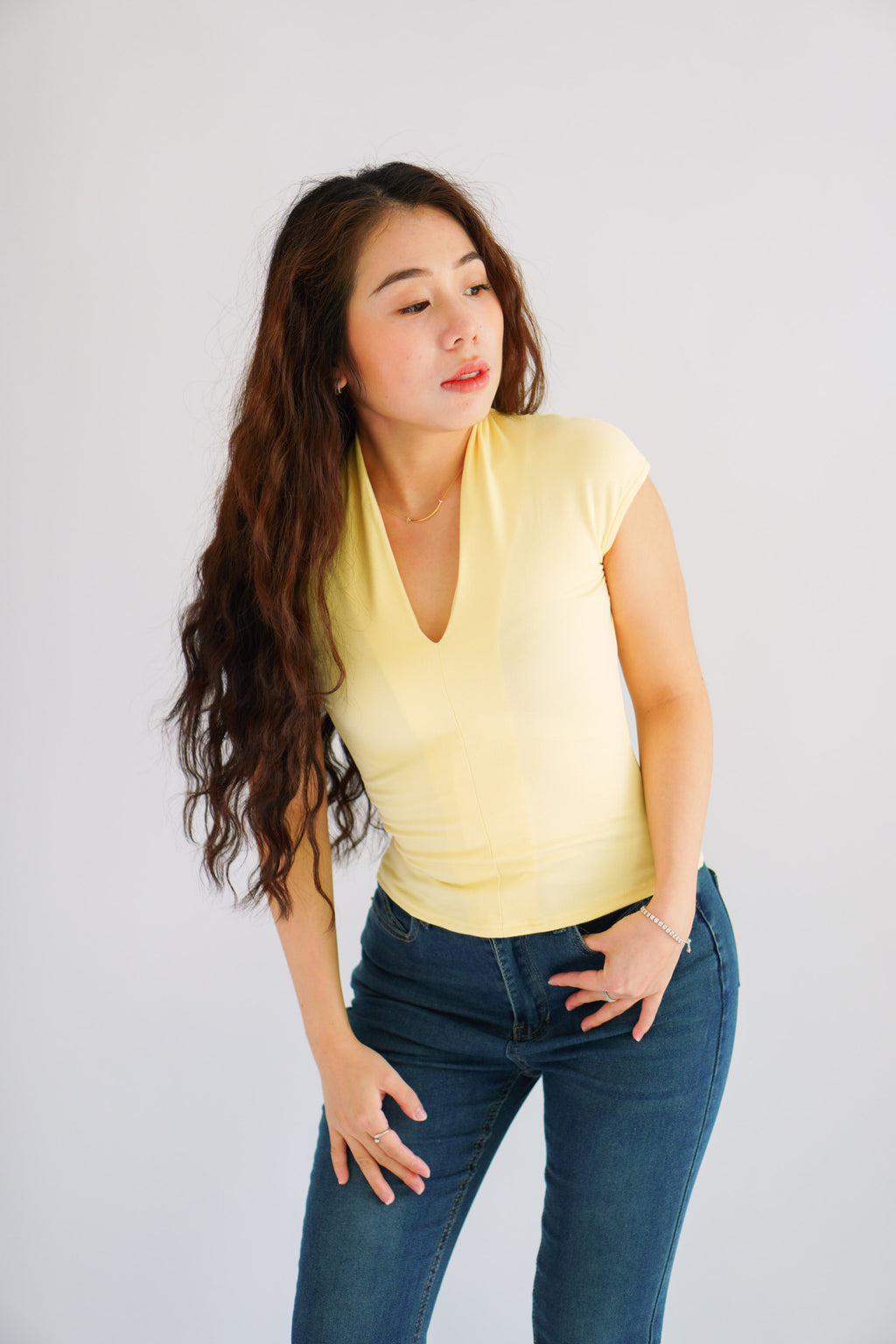 Rilo Bodycon V Neck Top in Yellow