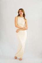Miss Elly Halter Neck Bareback Maxi Dress in Beige with Lace Slit