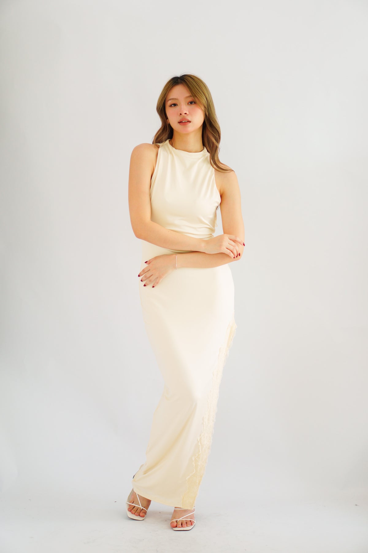Miss Elly Halter Neck Bareback Maxi Dress in Beige with Lace Slit