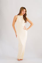 Miss Elly Halter Neck Bareback Maxi Dress in Beige with Lace Slit