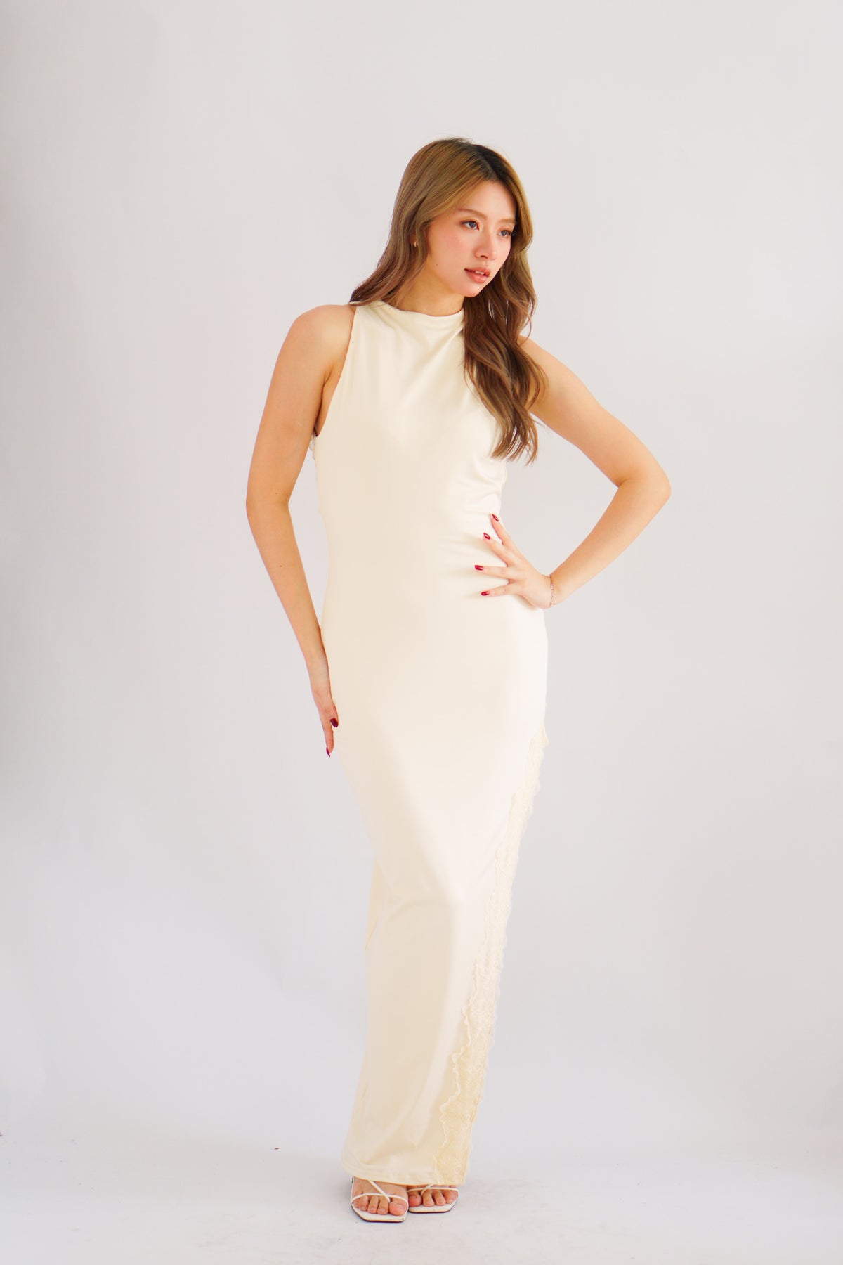 Miss Elly Halter Neck Bareback Maxi Dress in Beige with Lace Slit