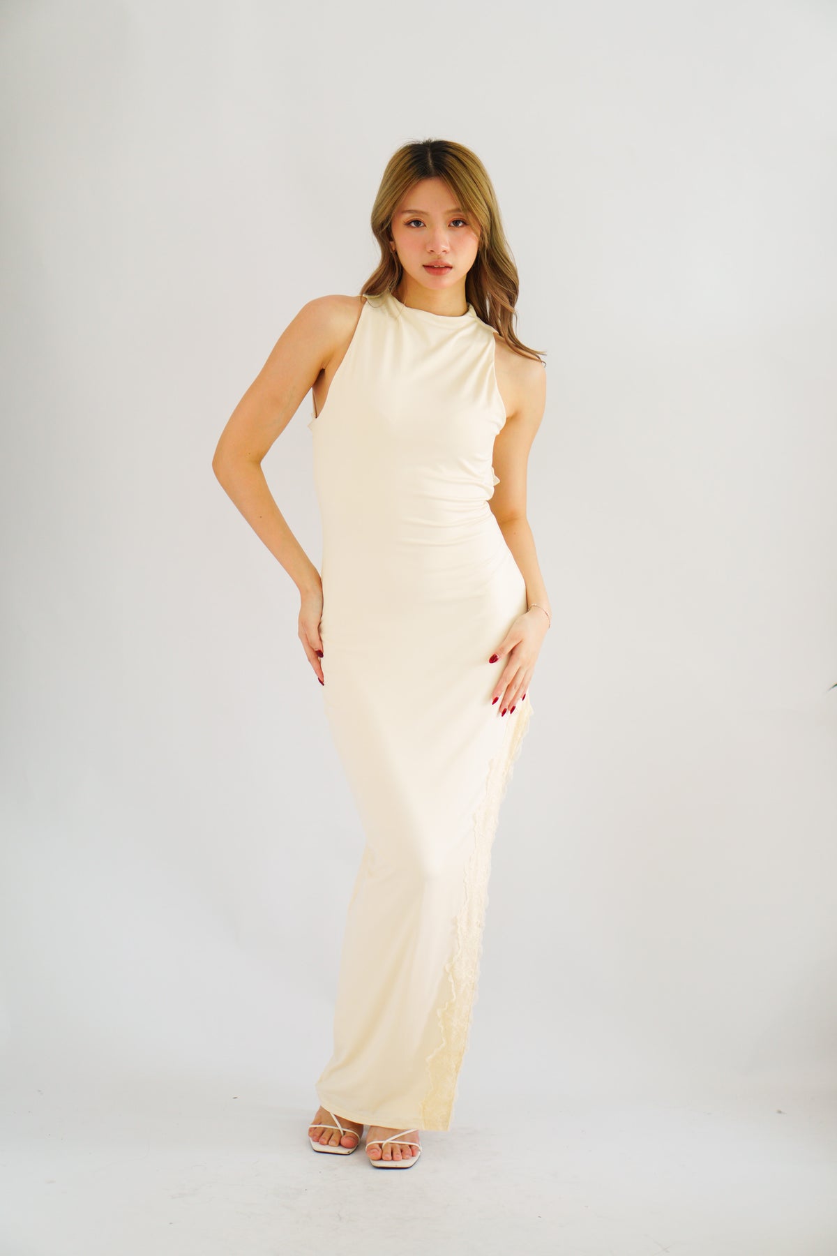 Miss Elly Halter Neck Bareback Maxi Dress in Beige with Lace Slit
