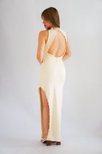 Miss Elly Halter Neck Bareback Maxi Dress in Beige with Lace Slit