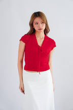 Lita V Neck Lace Ribbon Short Sleeves Top in Red