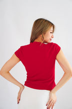 Lita V Neck Lace Ribbon Short Sleeves Top in Red