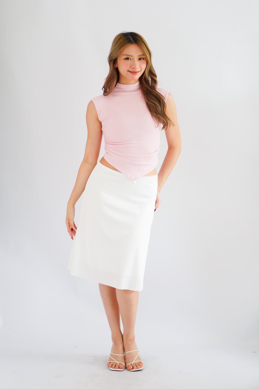 Elysia Basic High Neck Ruched Waist Top in Pink