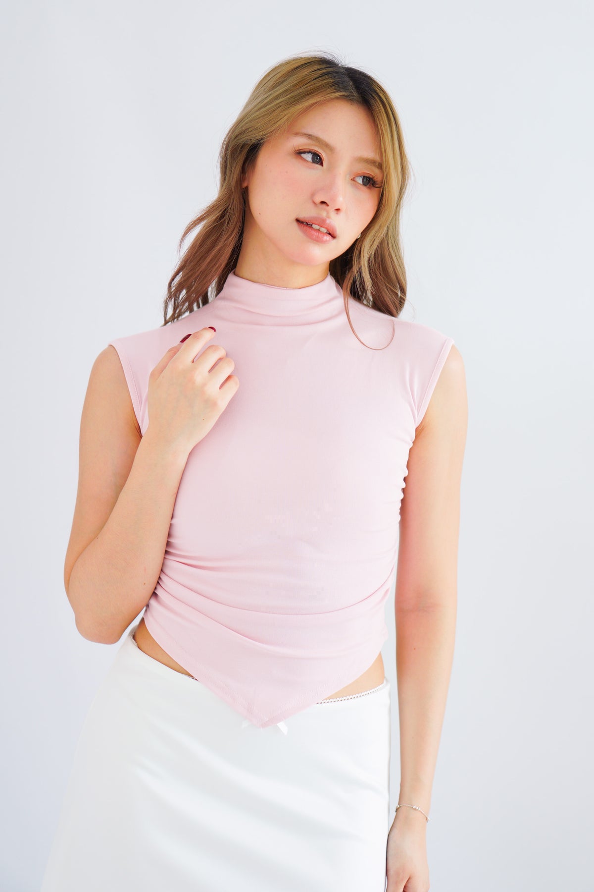 Elysia Basic High Neck Ruched Waist Top in Pink