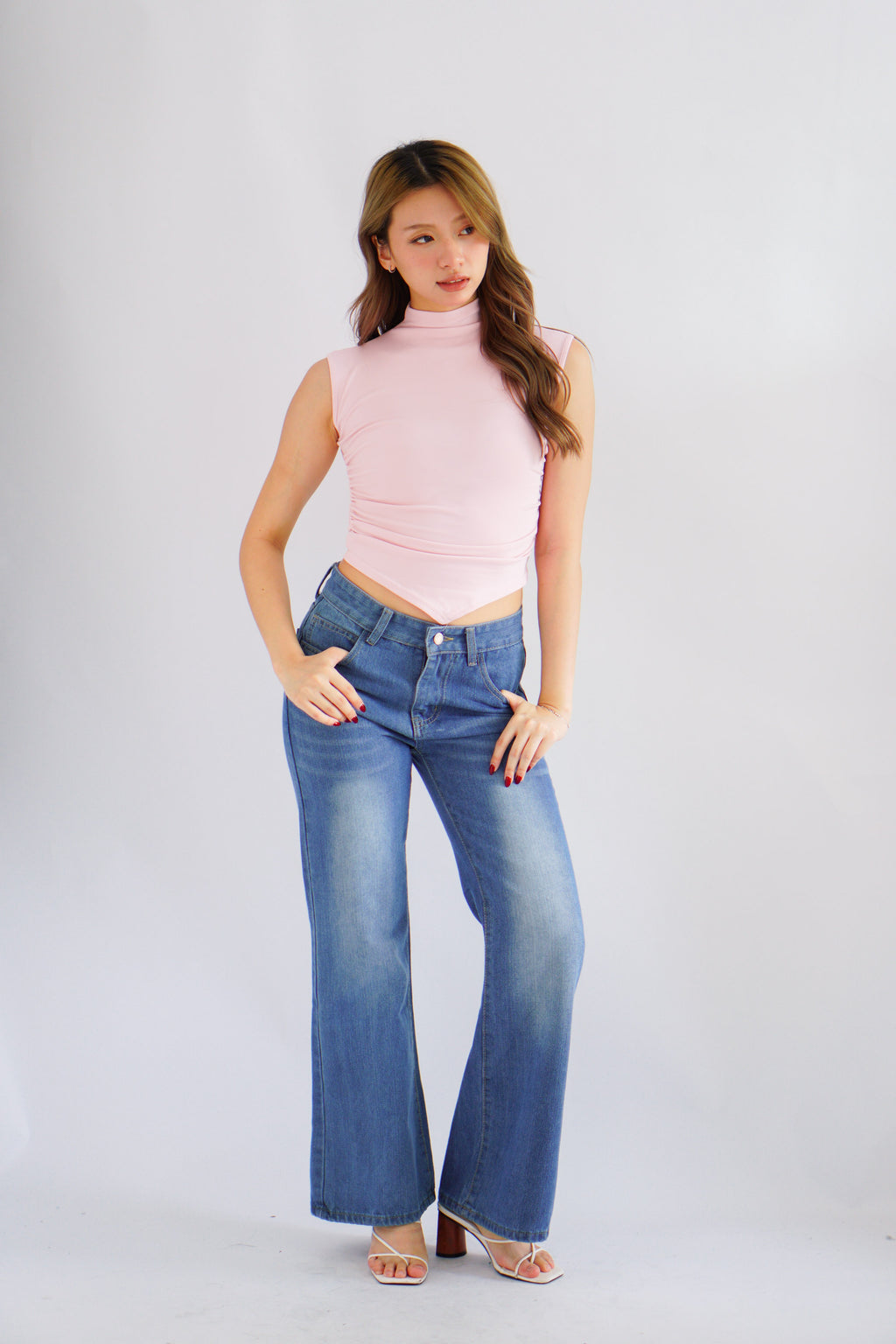 Elysia Basic High Neck Ruched Waist Top in Pink