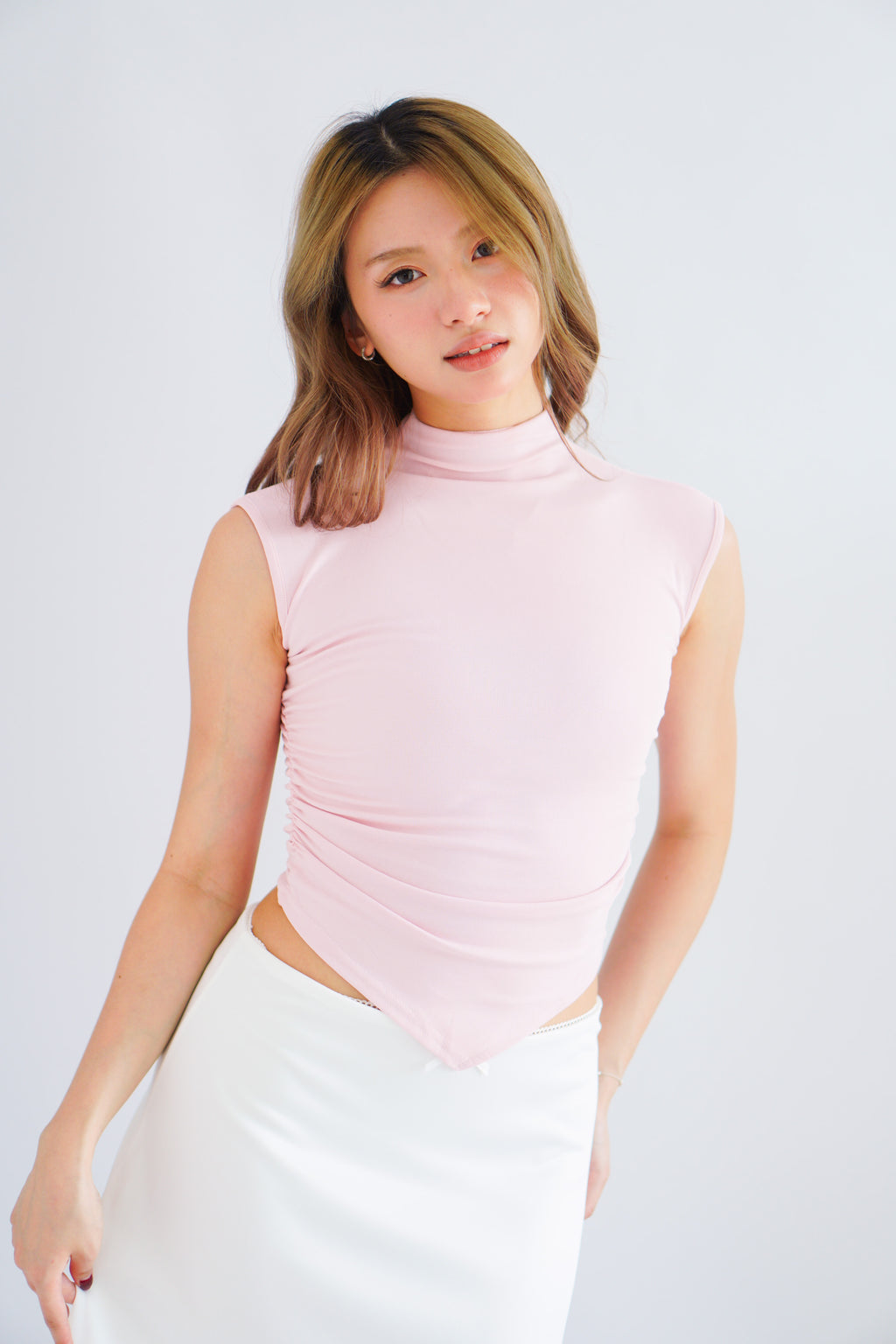 Elysia Basic High Neck Ruched Waist Top in Pink