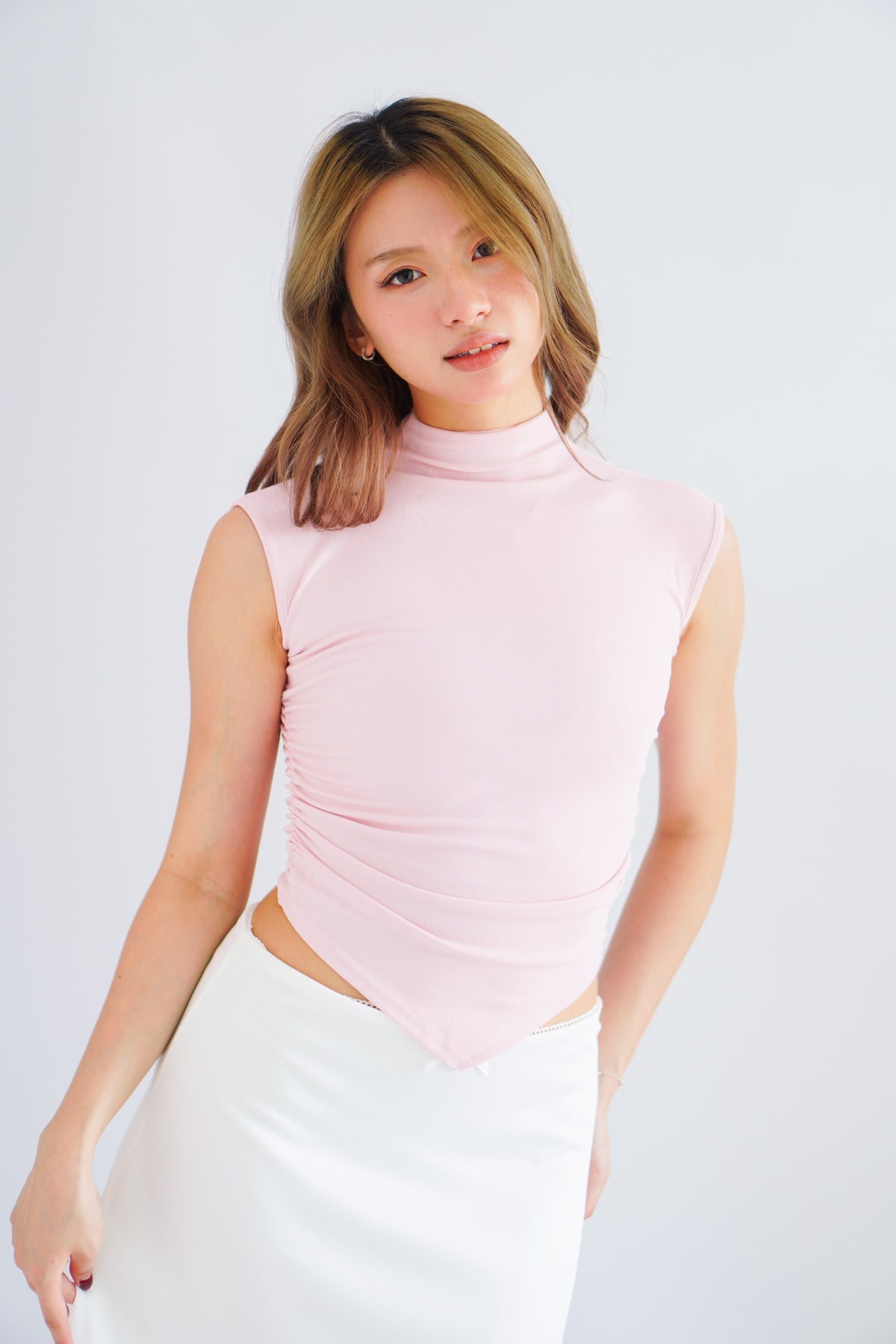 Elysia Basic High Neck Ruched Waist Top in Pink