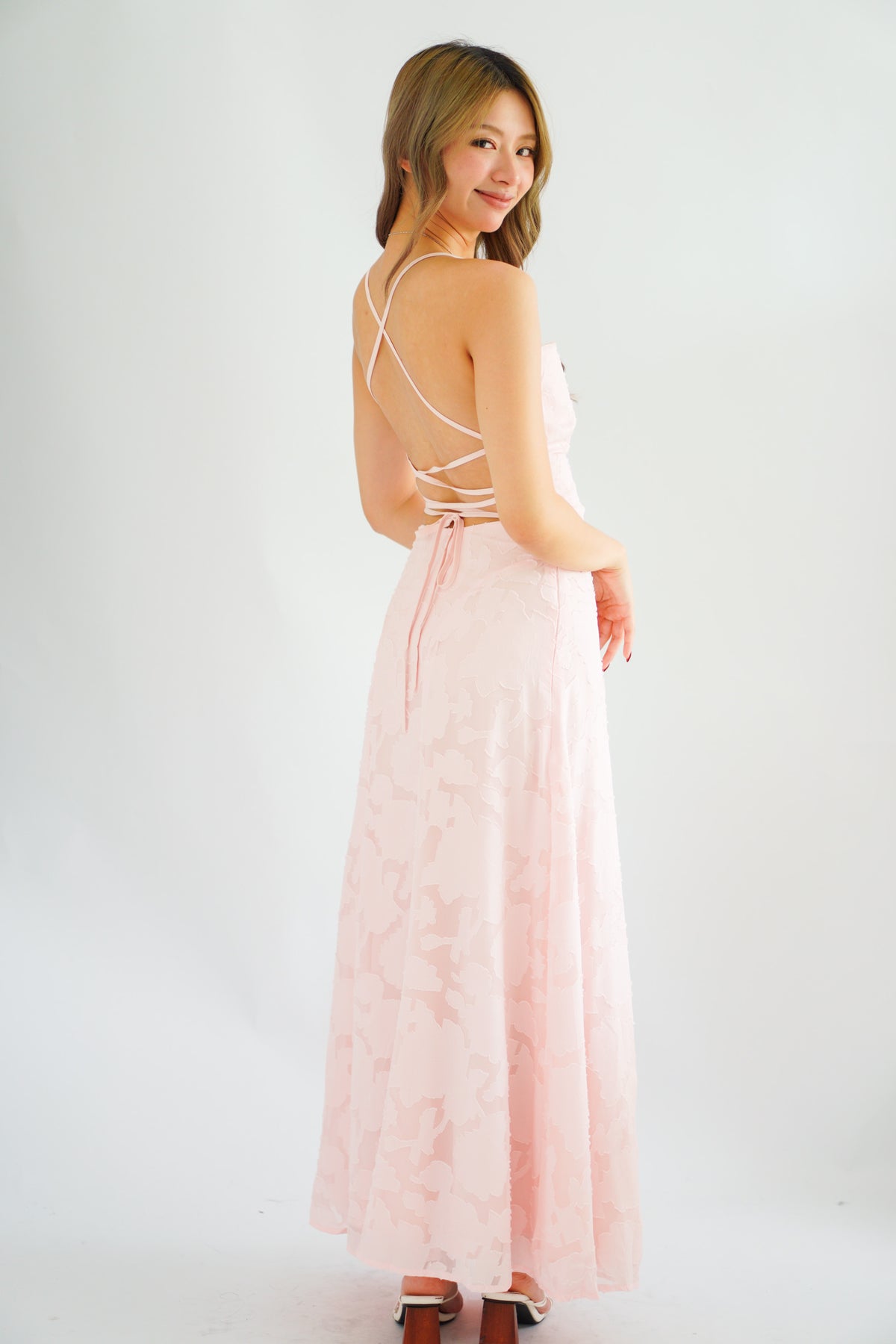Love Escape Crossback Textured Maxi Dress in Pink