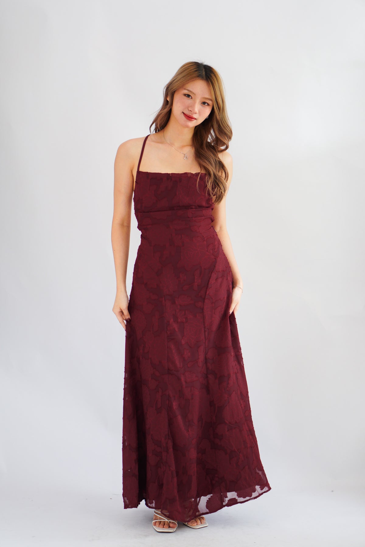 Love Escape Crossback Textured Maxi Dress in Red