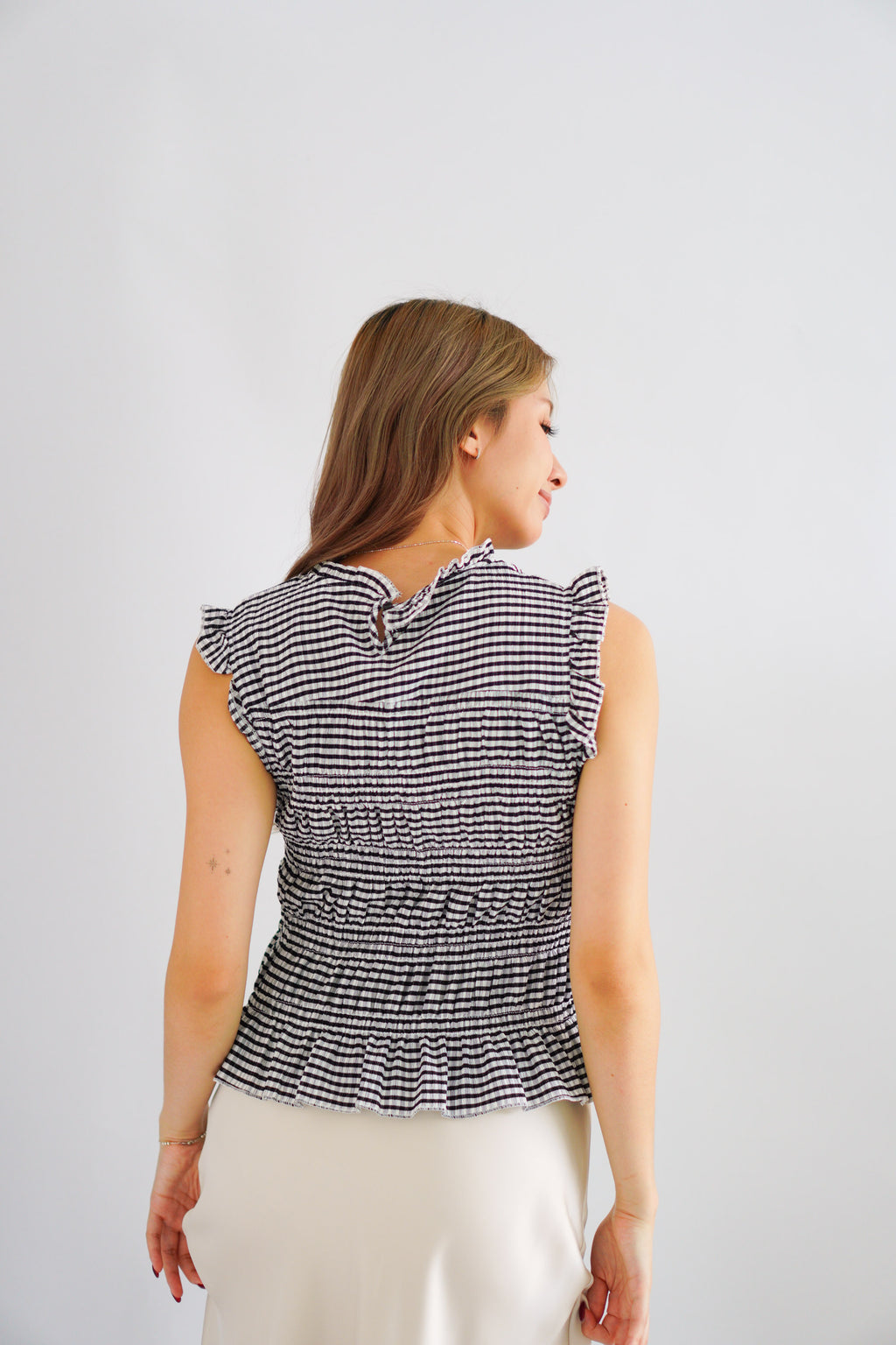 Carcy Gingham Smocked Top in Black
