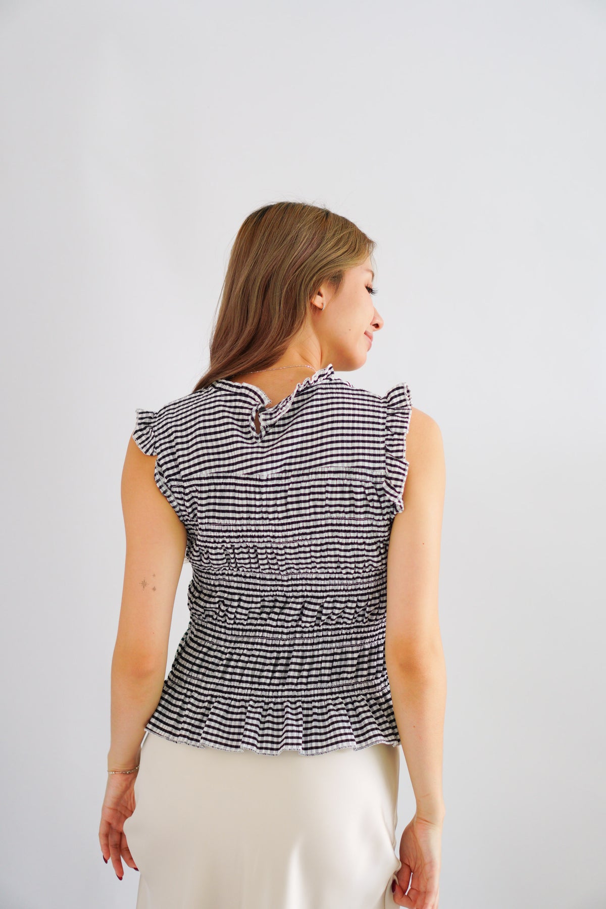Carcy Gingham Smocked Top in Black