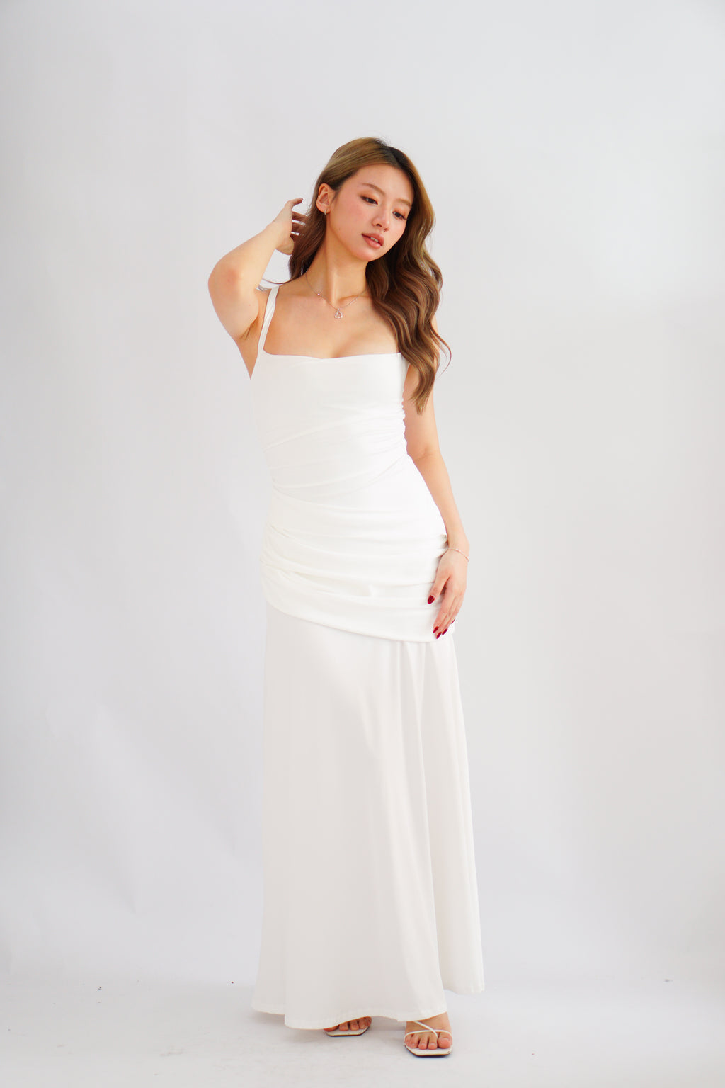 Waverly Ruched Drape Crossback Maxi Dress in White