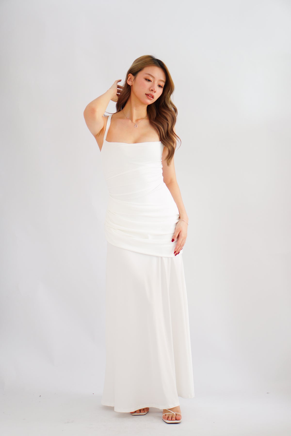 Waverly Ruched Drape Crossback Maxi Dress in White