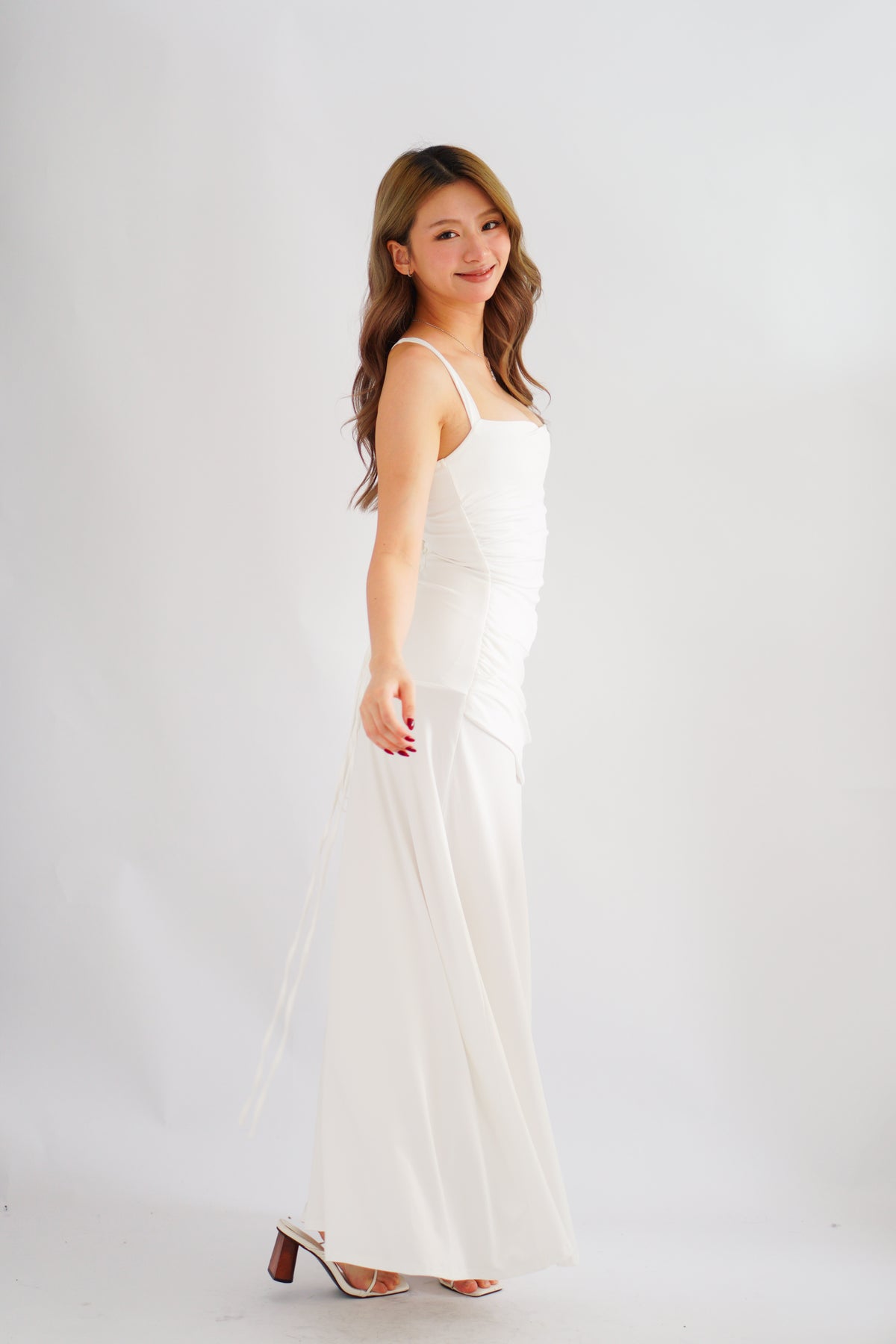 Waverly Ruched Drape Crossback Maxi Dress in White