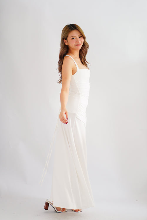 Waverly Ruched Drape Crossback Maxi Dress in White