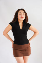 (BACKORDER) Rilo Bodycon V Neck Top in Black