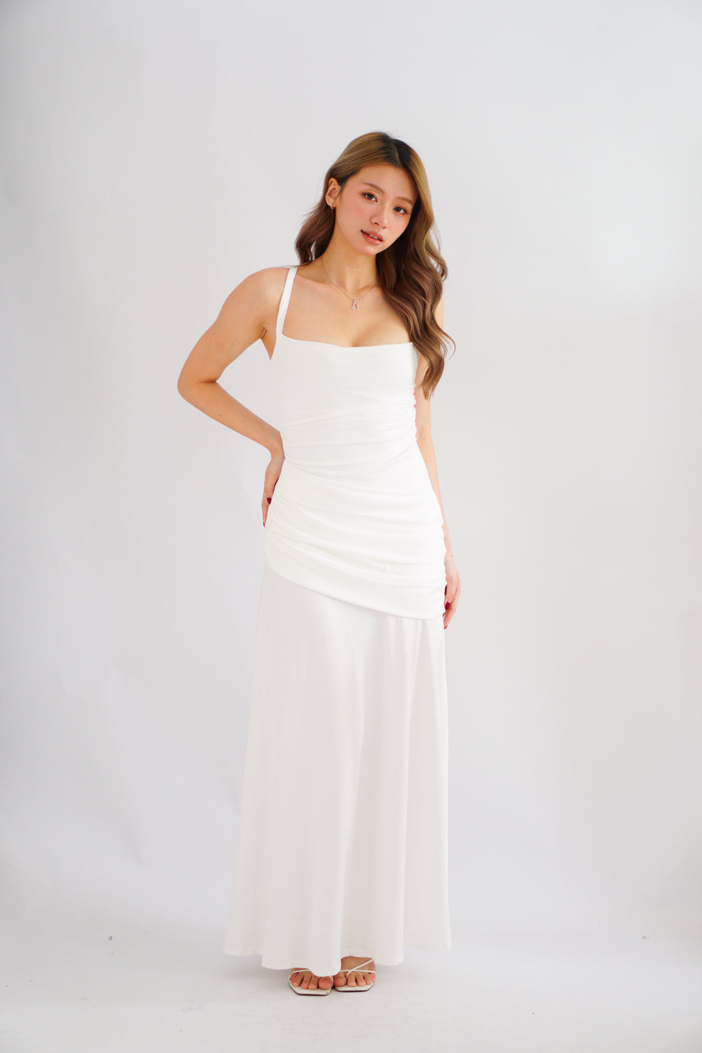 Waverly Ruched Drape Crossback Maxi Dress in White