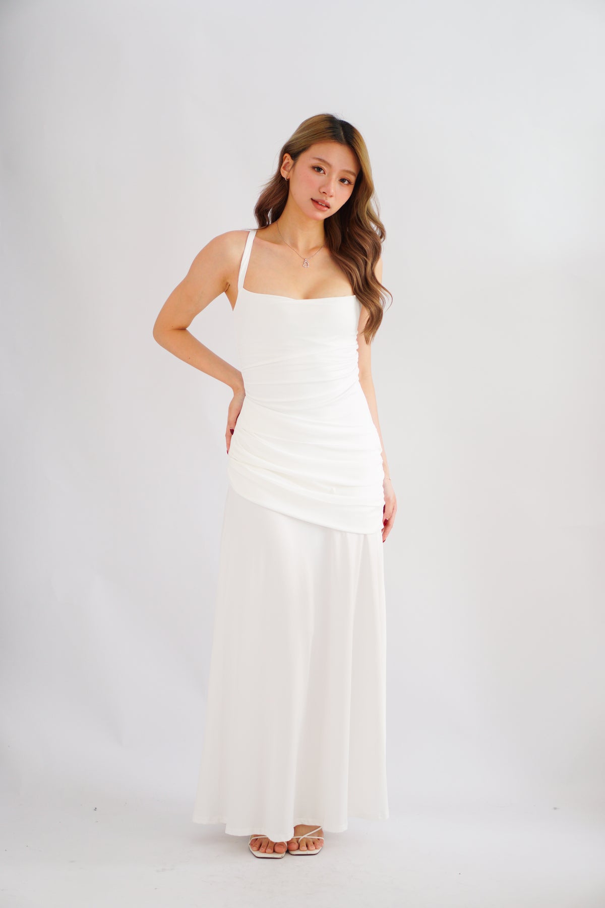 Waverly Ruched Drape Crossback Maxi Dress in White