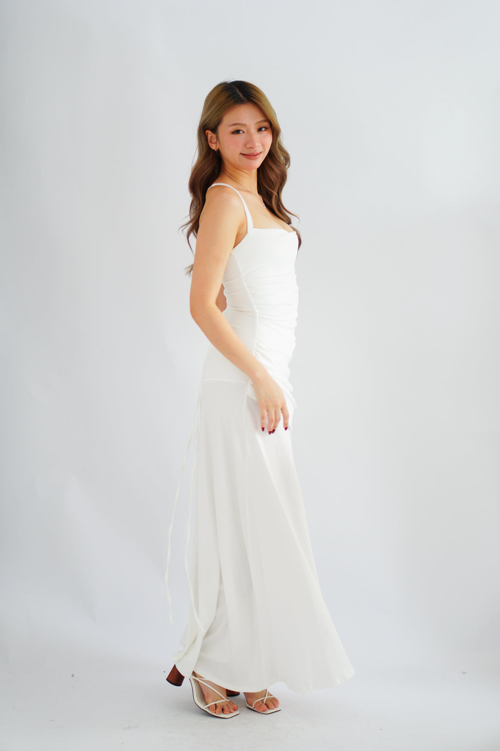 Waverly Ruched Drape Crossback Maxi Dress in White
