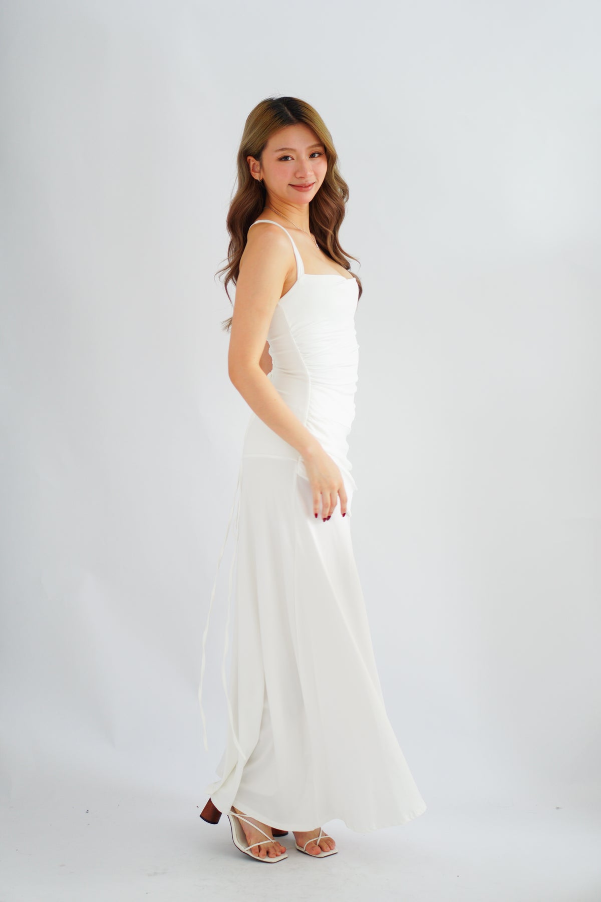 Waverly Ruched Drape Crossback Maxi Dress in White