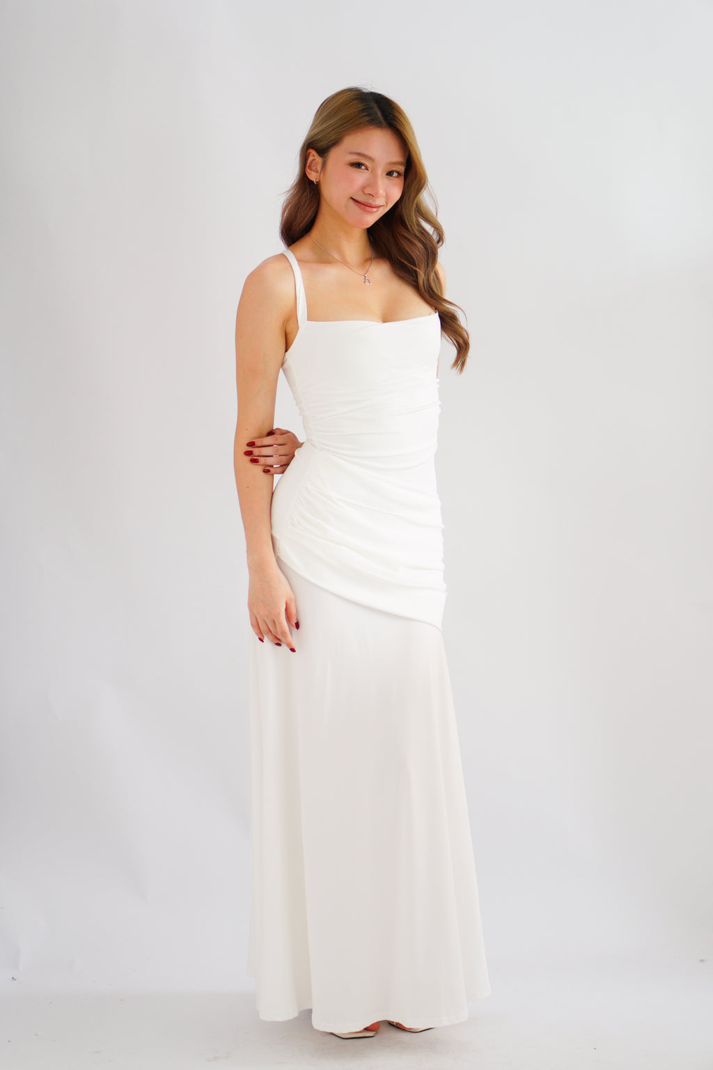 Waverly Ruched Drape Crossback Maxi Dress in White