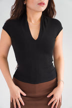 (BACKORDER) Rilo Bodycon V Neck Top in Black