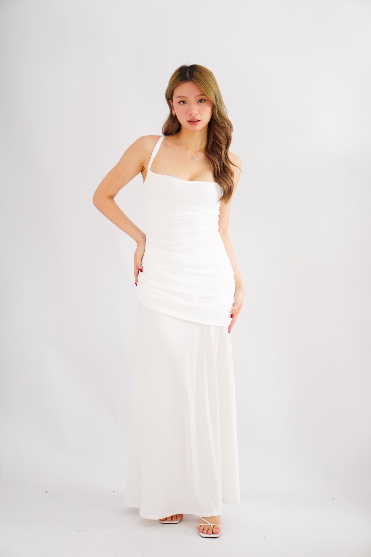 Waverly Ruched Drape Crossback Maxi Dress in White