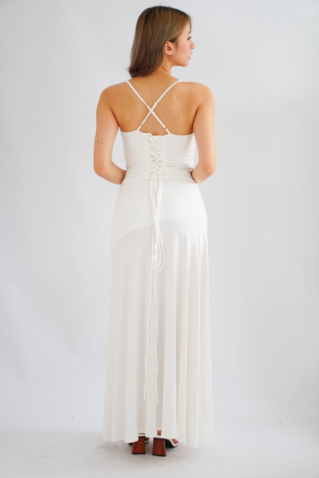 Waverly Ruched Drape Crossback Maxi Dress in White