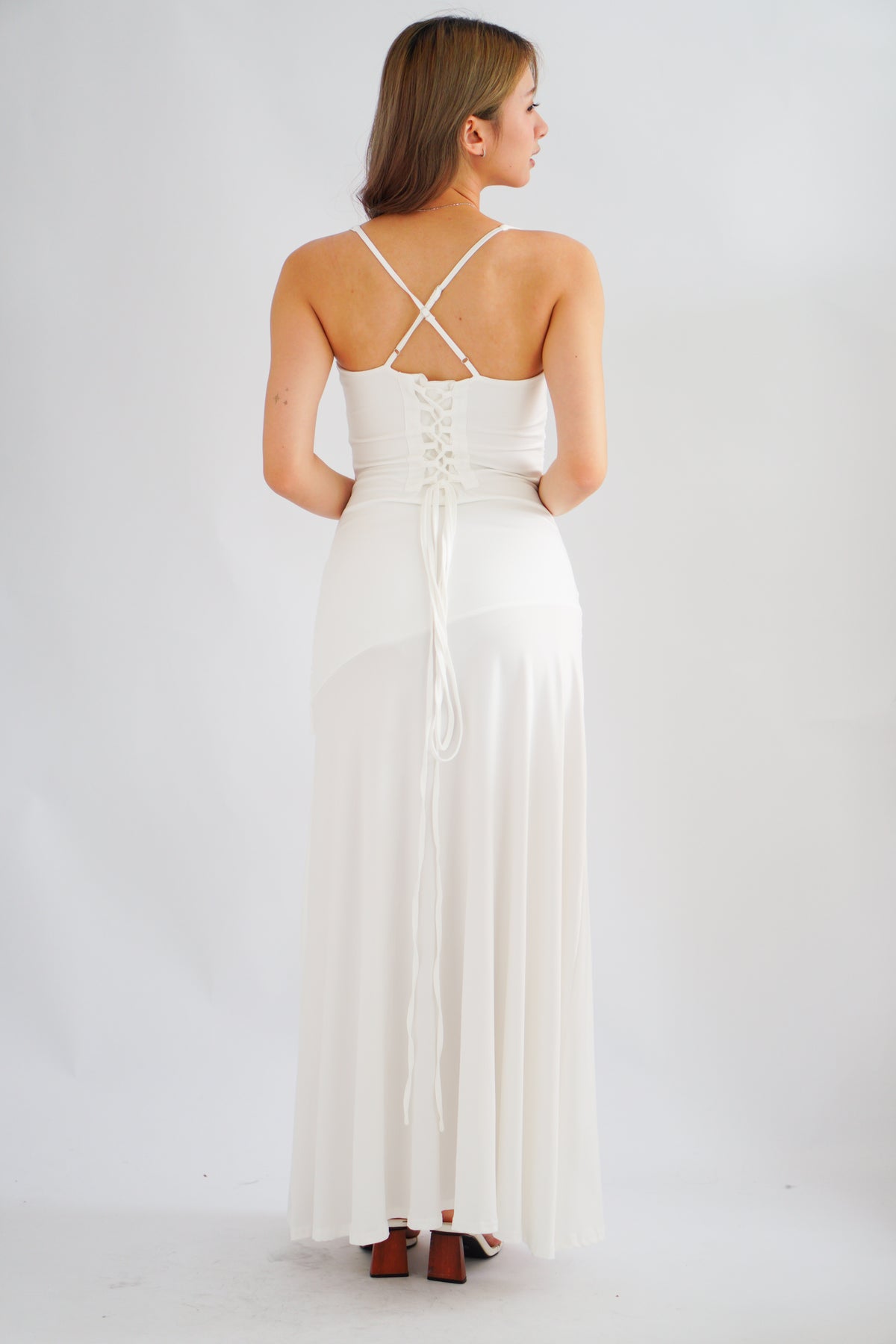 Waverly Ruched Drape Crossback Maxi Dress in White