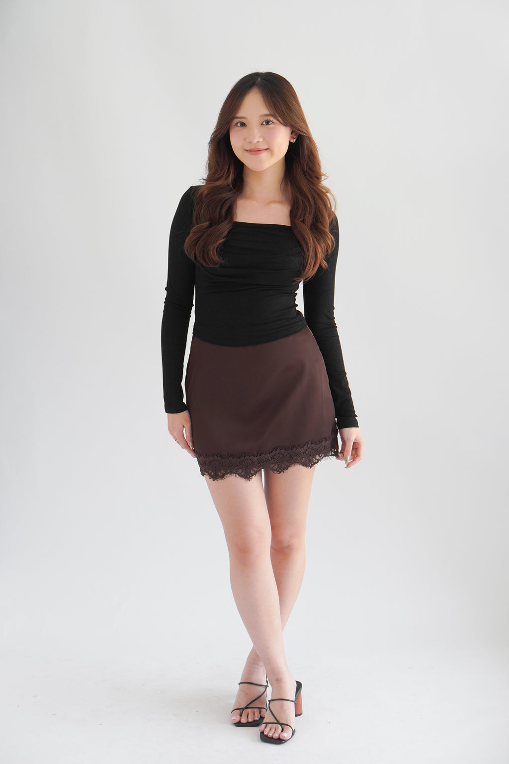 Marissa Mini Skirt with Lace in Dark Brown