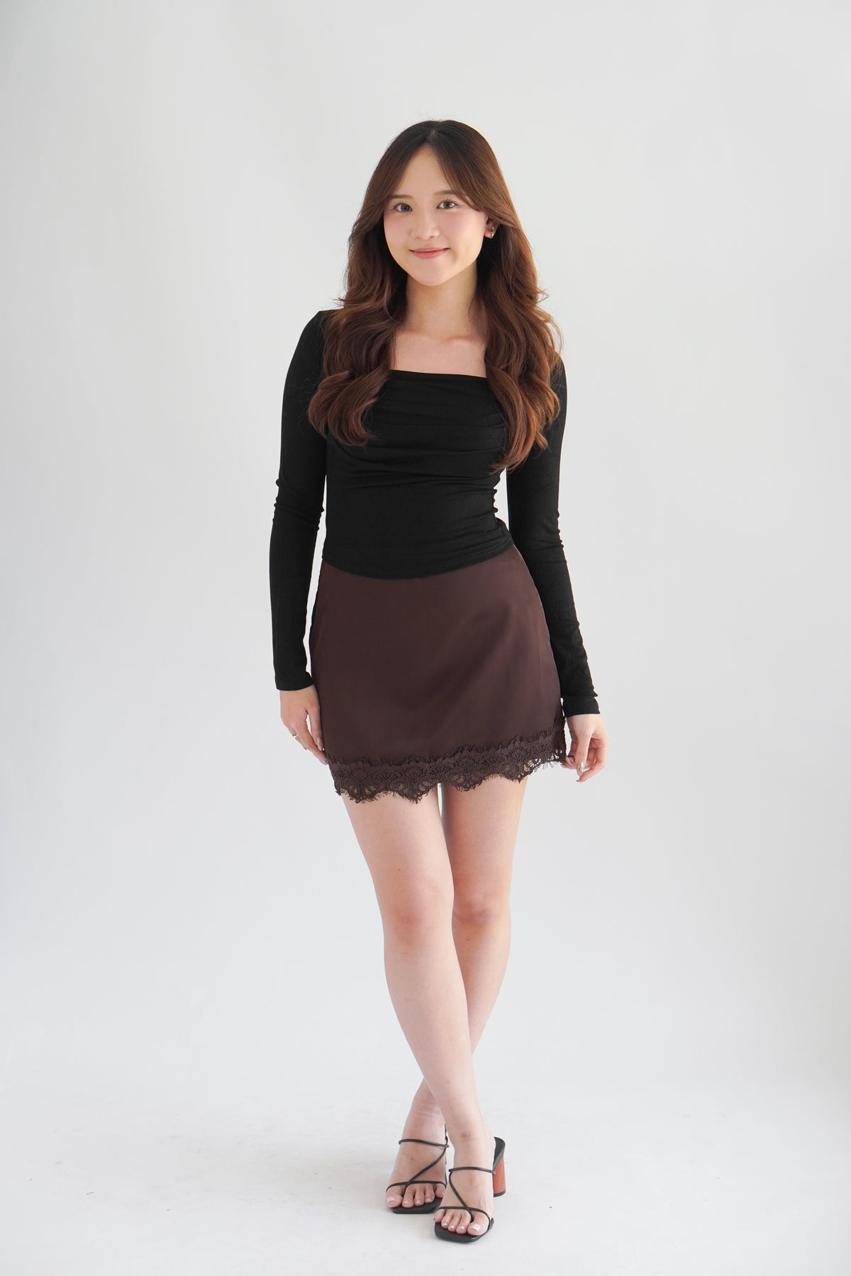 Marissa Mini Skirt with Lace in Dark Brown