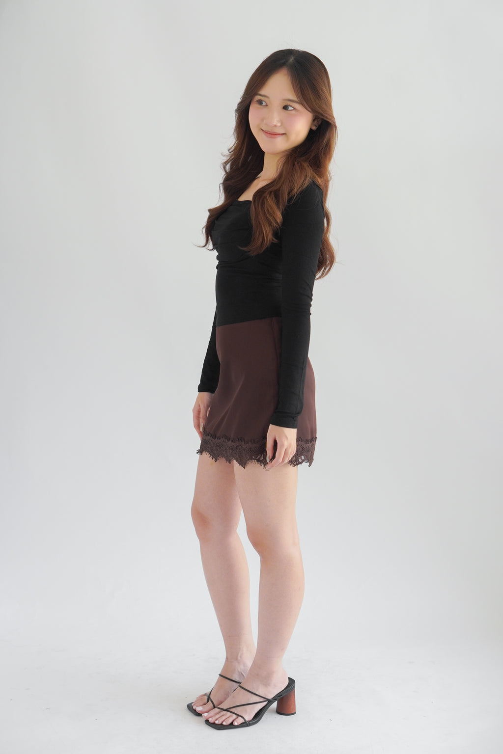 Marissa Mini Skirt with Lace in Dark Brown