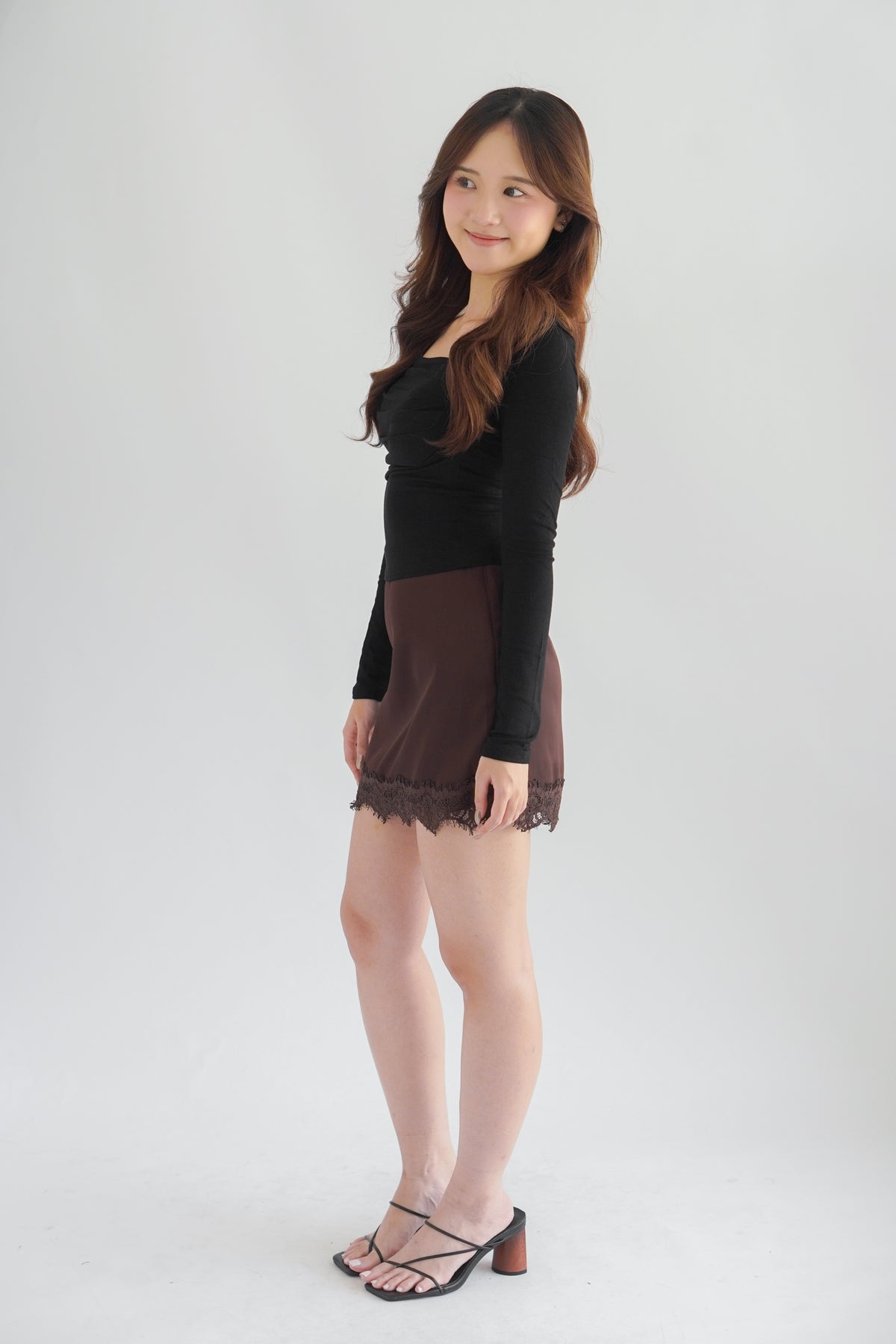 Marissa Mini Skirt with Lace in Dark Brown