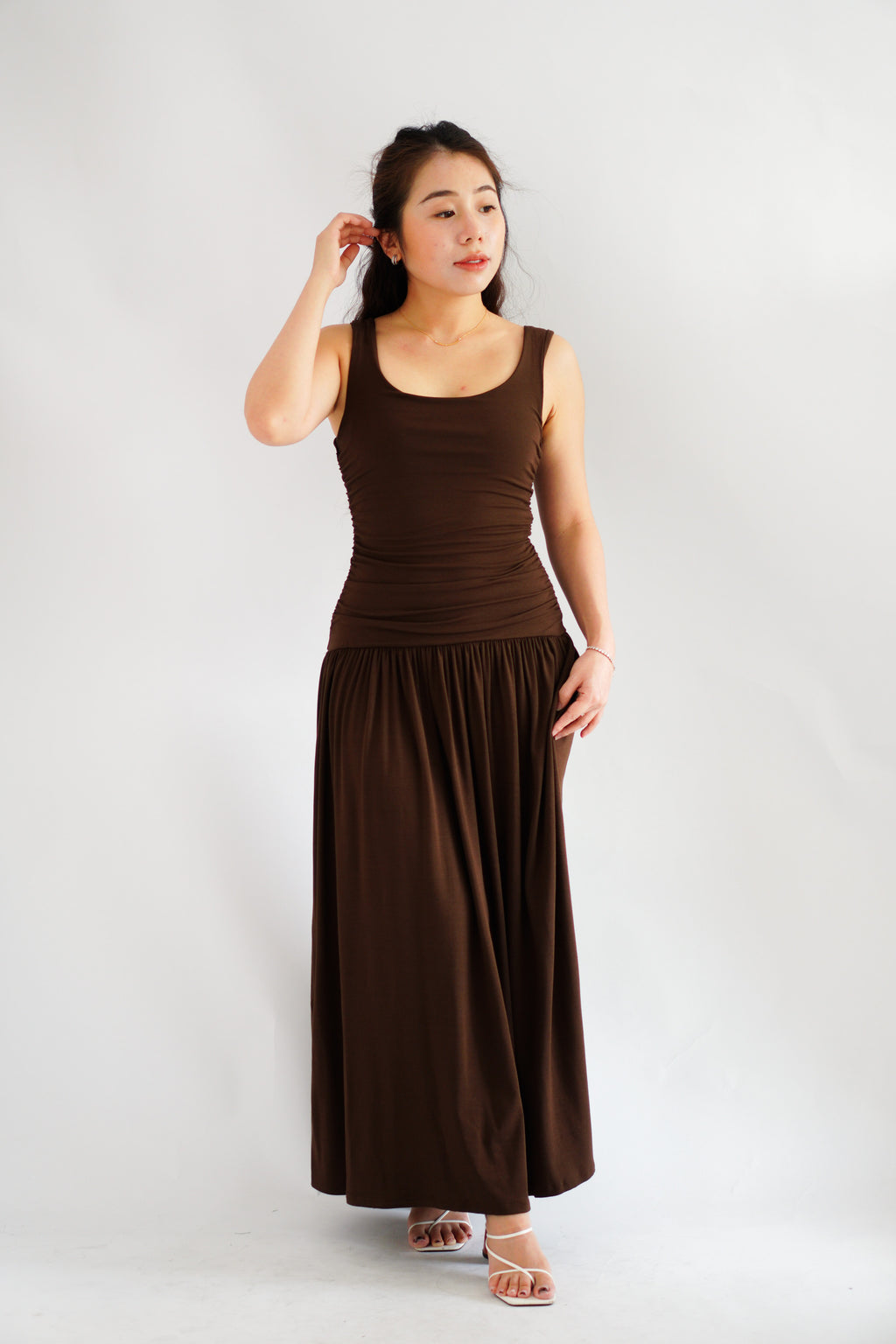 Kacey Scoop Neck Maxi Dress in Brown