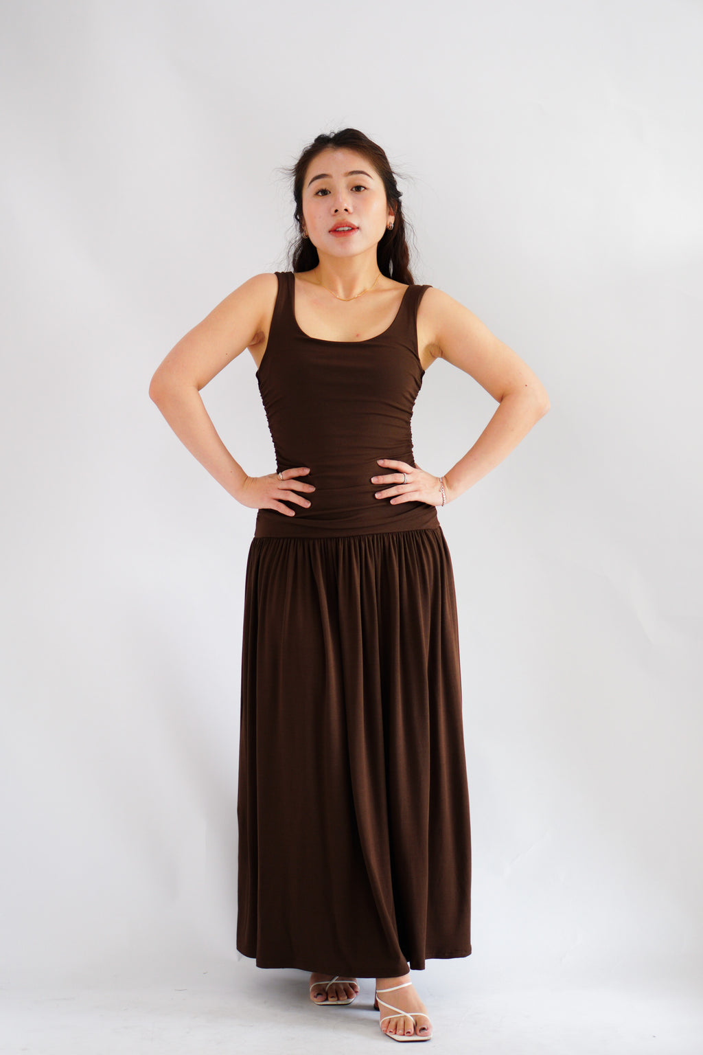 Kacey Scoop Neck Maxi Dress in Brown