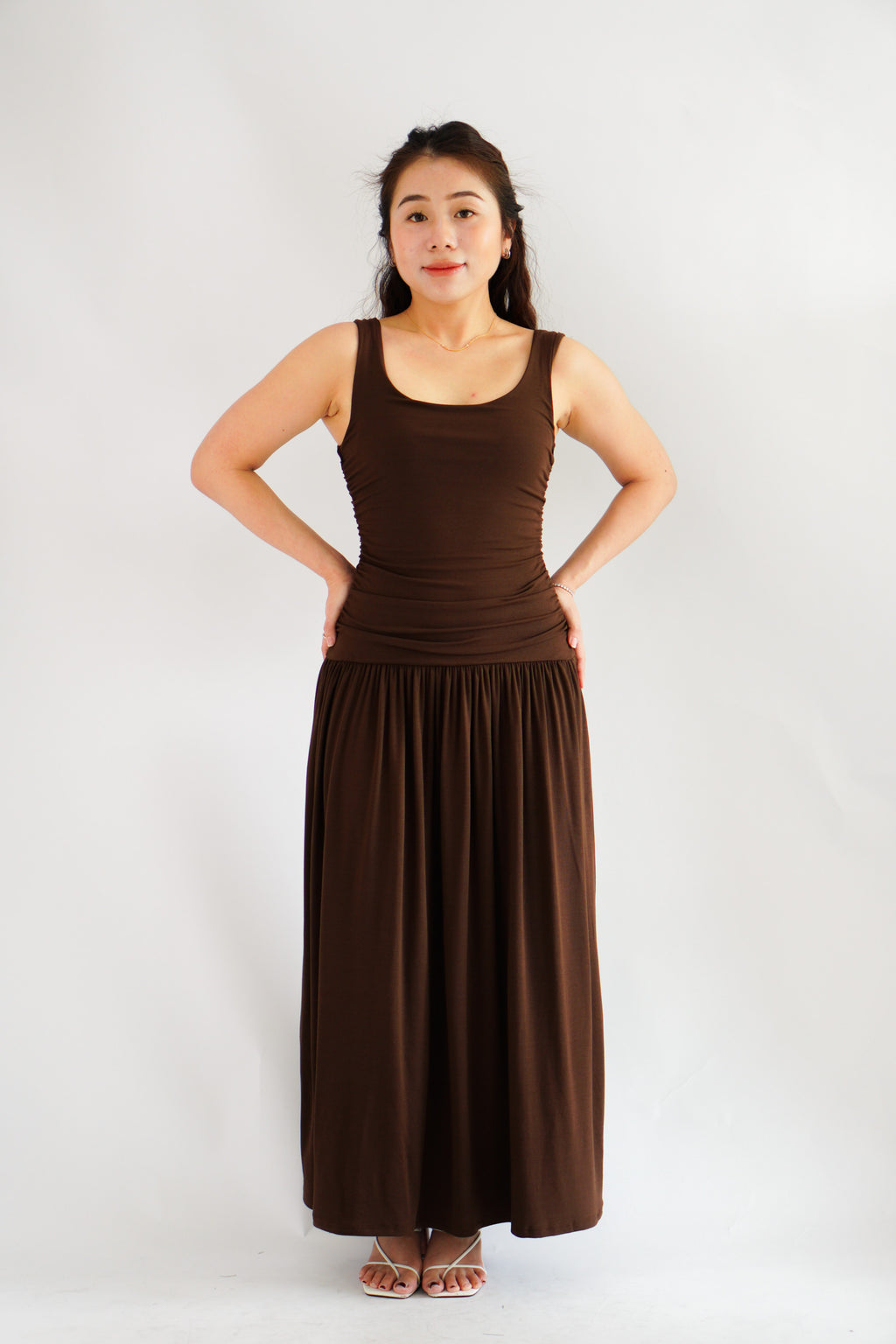 Kacey Scoop Neck Maxi Dress in Brown