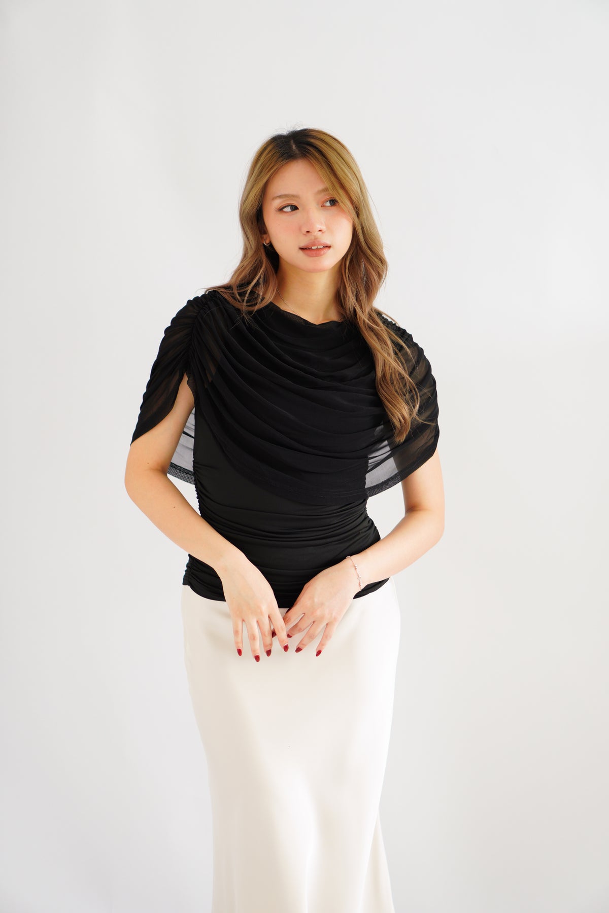 Rhea Mesh Cape Top in Black