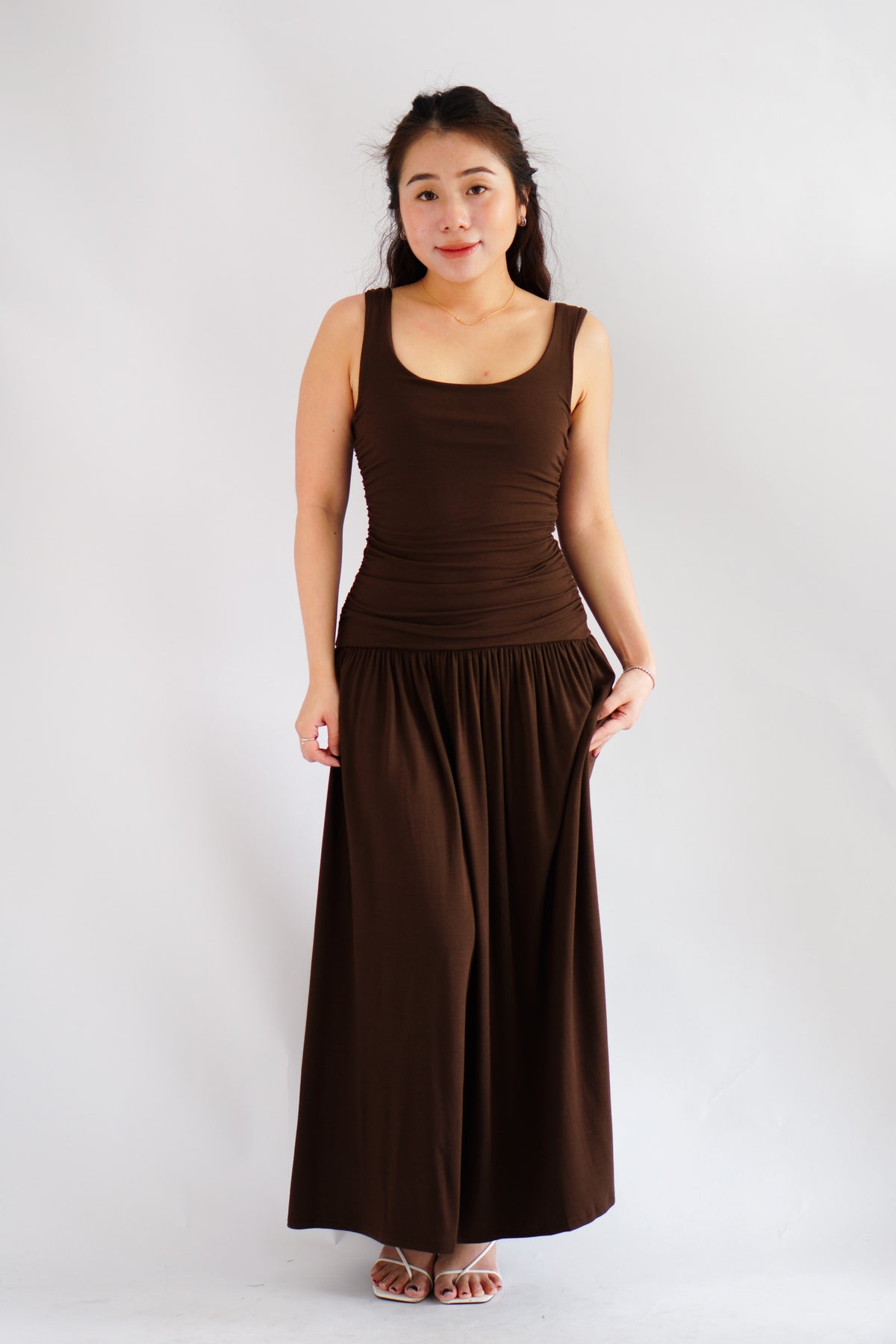 Kacey Scoop Neck Maxi Dress in Brown