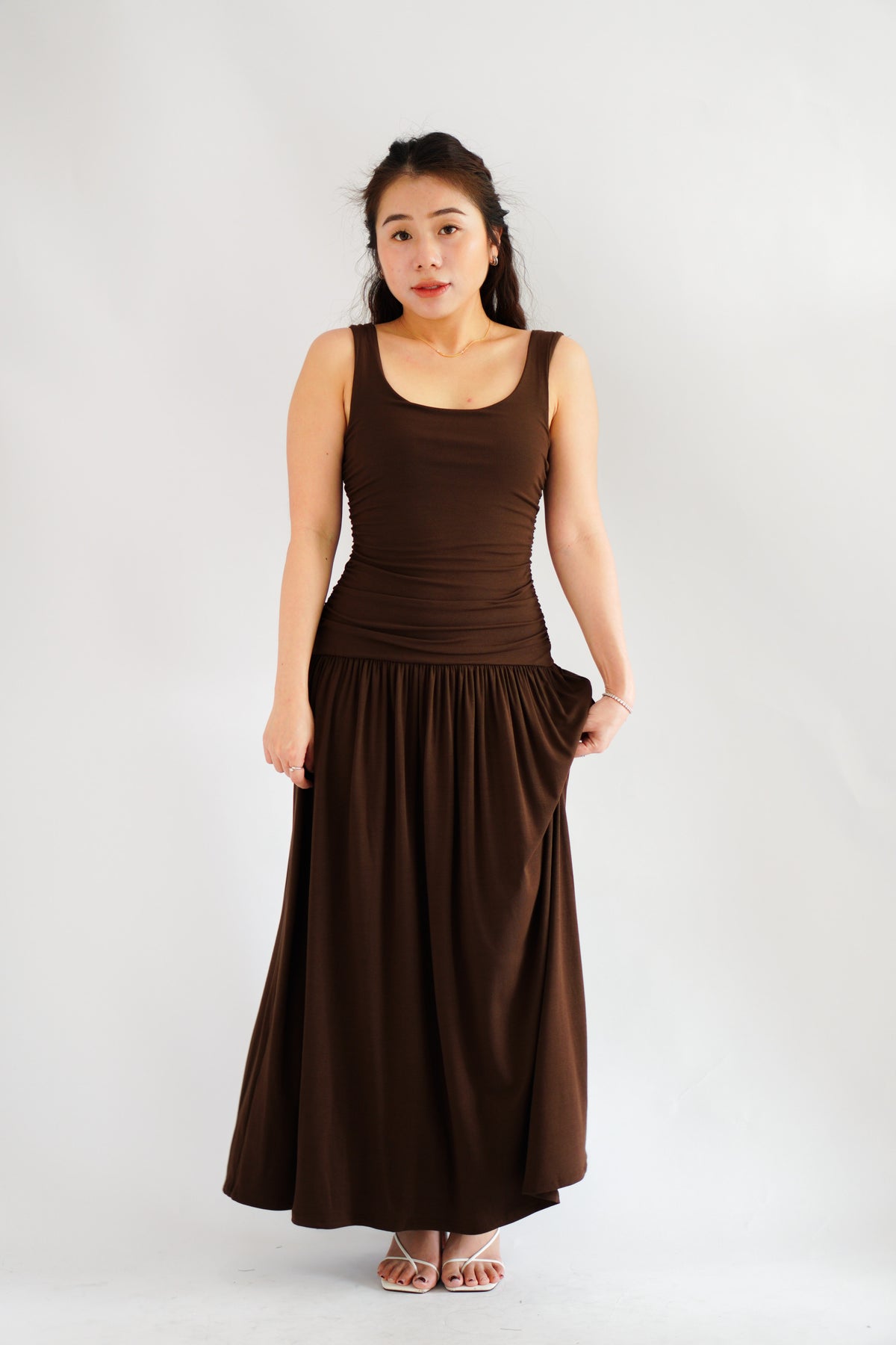Kacey Scoop Neck Maxi Dress in Brown