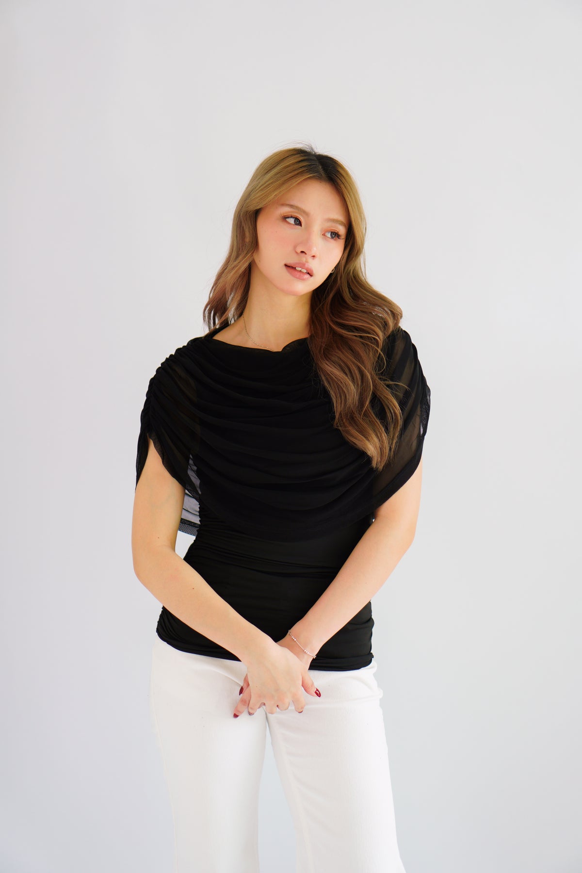 Rhea Mesh Cape Top in Black