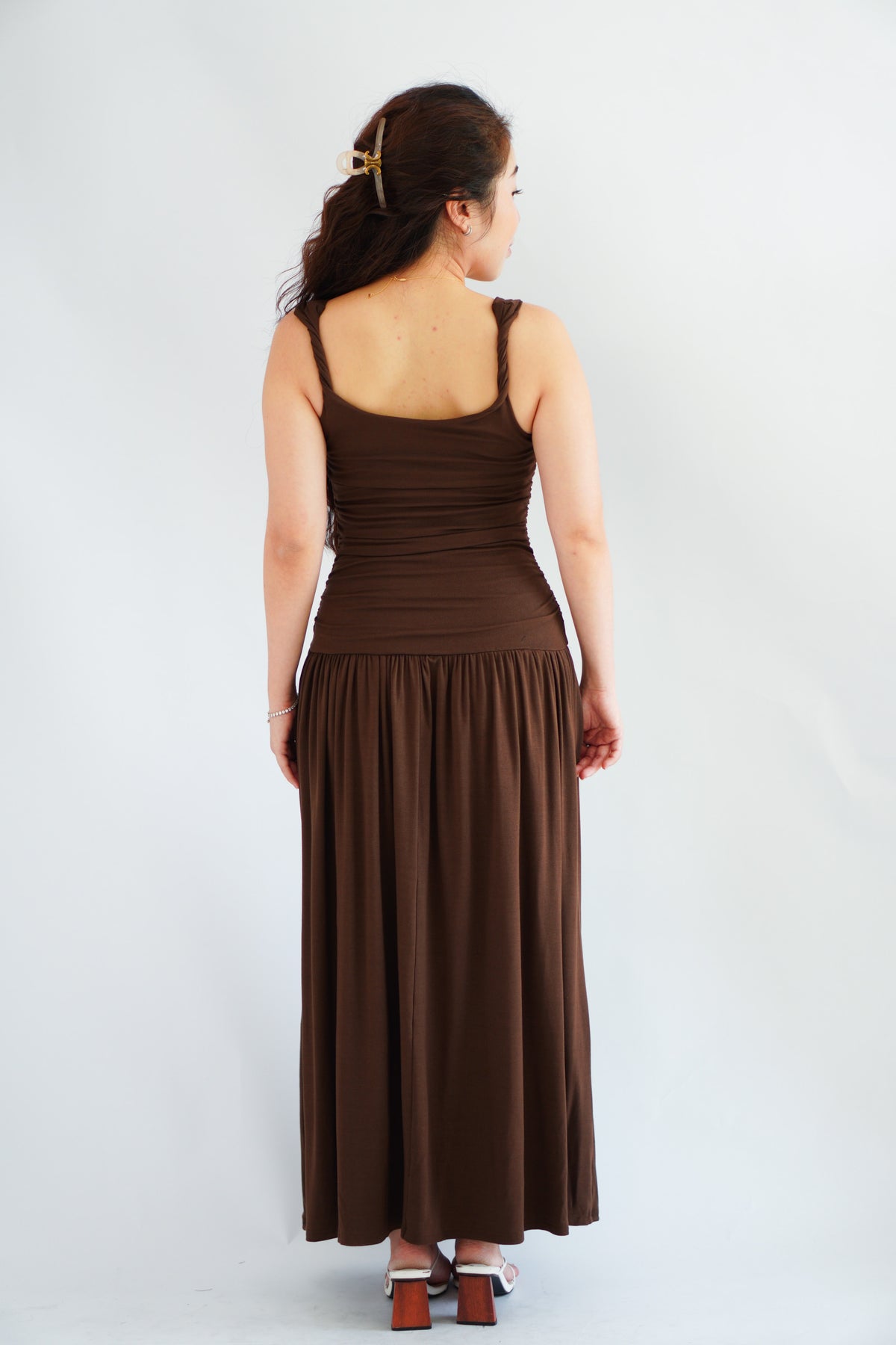 Kacey Scoop Neck Maxi Dress in Brown