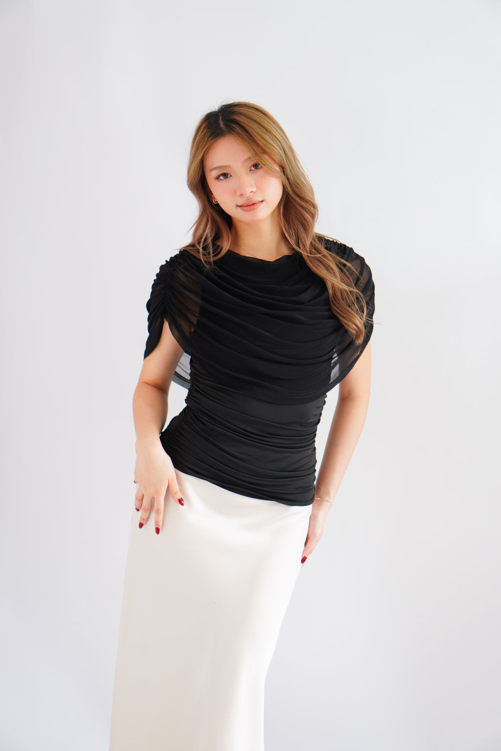 Rhea Mesh Cape Top in Black