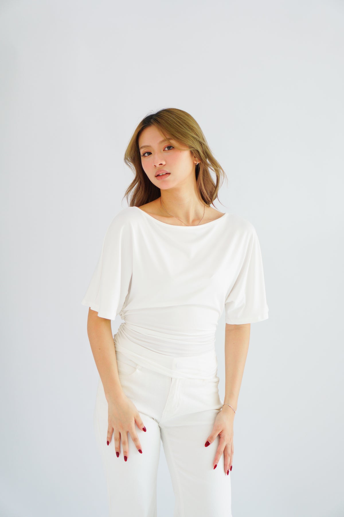 (BACKORDER) Micienne Ruched Tie Waist Flare Sleeves Top in White