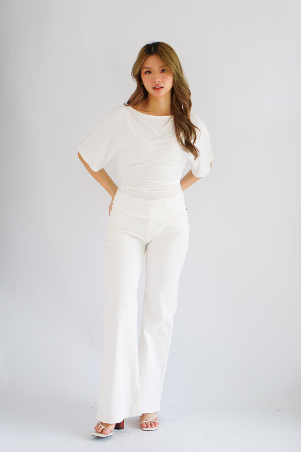 (BACKORDER) Micienne Ruched Tie Waist Flare Sleeves Top in White