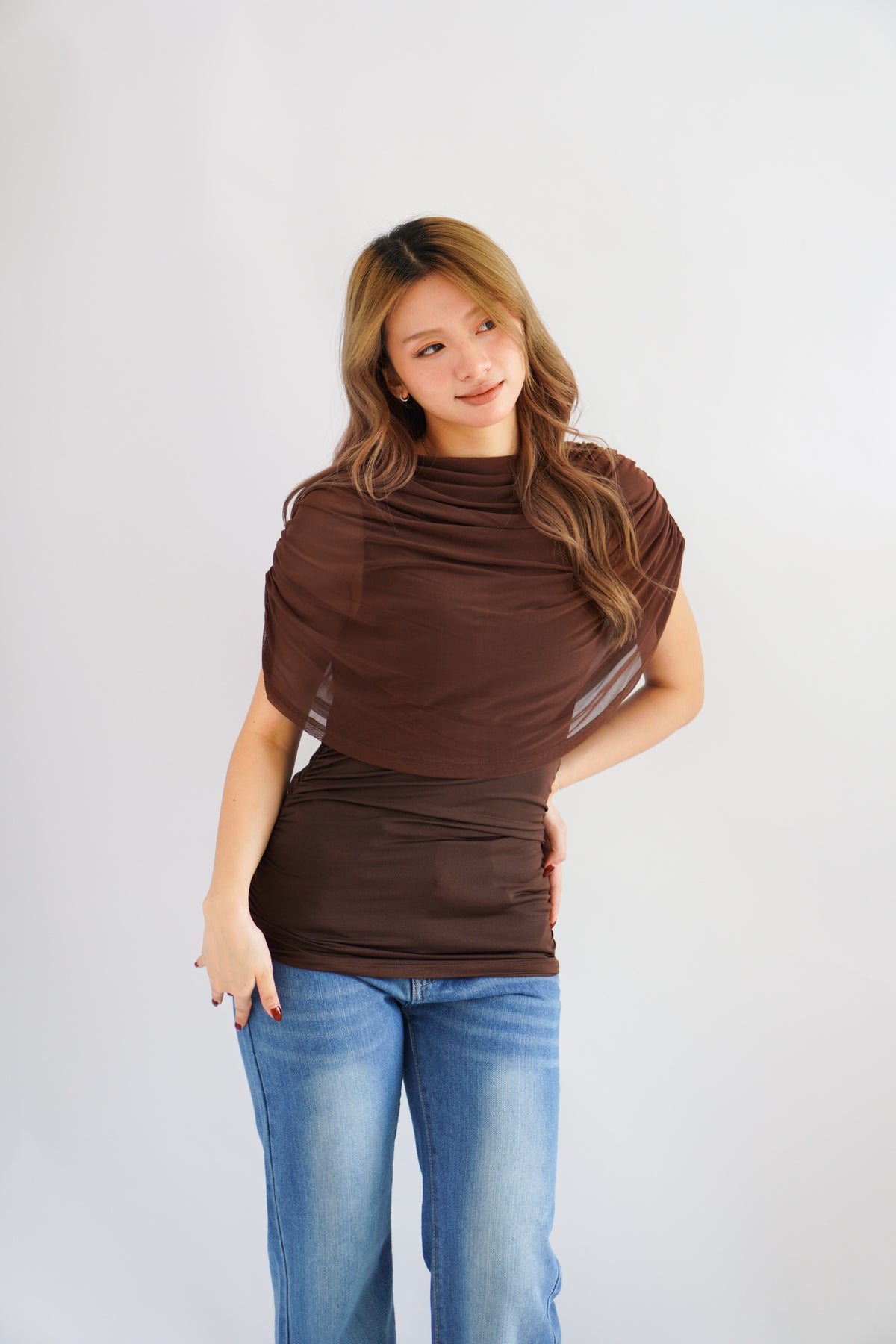 Rhea Mesh Cape Top in Brown