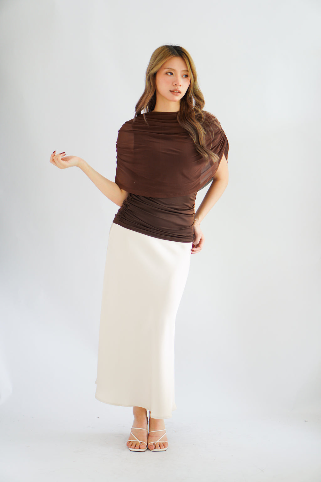 Rhea Mesh Cape Top in Brown