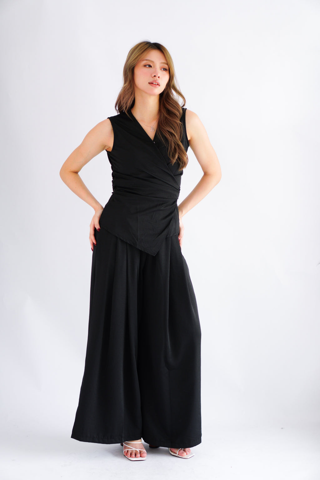Rensa 2.0 V Neck Wrap Top and Pants Set in Black